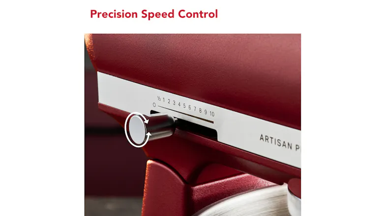 Close-up of the red KitchenAid Artisan Plus speed control lever with a numbered speed settings scale Close-up of the red KitchenAid Artisan Plus speed control lever with a numbered speed settings scale