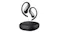 Front-angle view of black Shokz OpenFit Air 2 wireless open-ear headphones with ear hooks floating above a matching charging case Front-angle view of black Shokz OpenFit Air 2 wireless open-ear headphones with ear hooks floating above a matching charging case