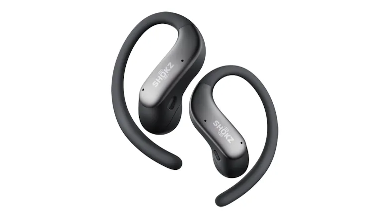 Black Shokz open-ear wireless earbuds with curved ear hooks Black Shokz open-ear wireless earbuds with curved ear hooks