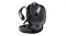 Three-quarter front view of black Shokz open-ear wireless earbuds floating above an open charging case Three-quarter front view of black Shokz open-ear wireless earbuds floating above an open charging case