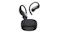 Front-angle view of black Shokz open-ear wireless earbuds with ear hooks floating above a matching charging case Front-angle view of black Shokz open-ear wireless earbuds with ear hooks floating above a matching charging case
