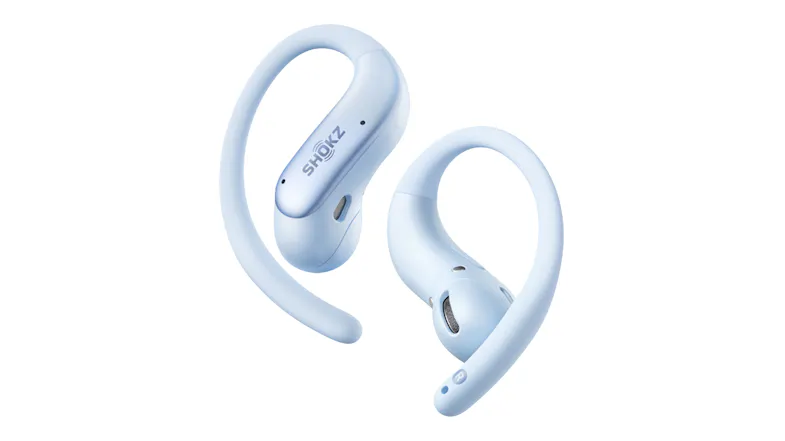 Front and rear angled view of Shokz open-ear wireless earbuds, showing the speaker grille and ear hooks Front and rear angled view of Shokz open-ear wireless earbuds, showing the speaker grille and ear hooks