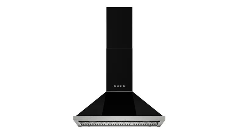 Front view of the Smeg Portofino 90cm wall mounted rangehood in Black finish Front view of the Smeg Portofino 90cm wall mounted rangehood in Black finish
