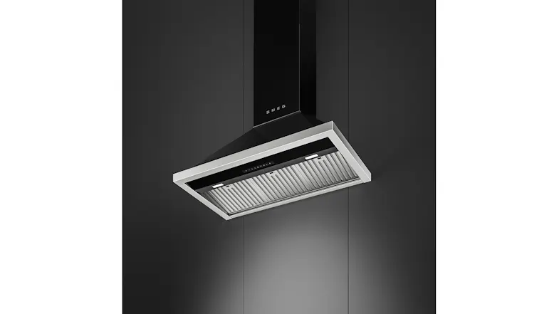 Low-angle view highlighting the baffle filters and underside controls of the Portofino rangehood Low-angle view highlighting the baffle filters and underside controls of the Portofino rangehood