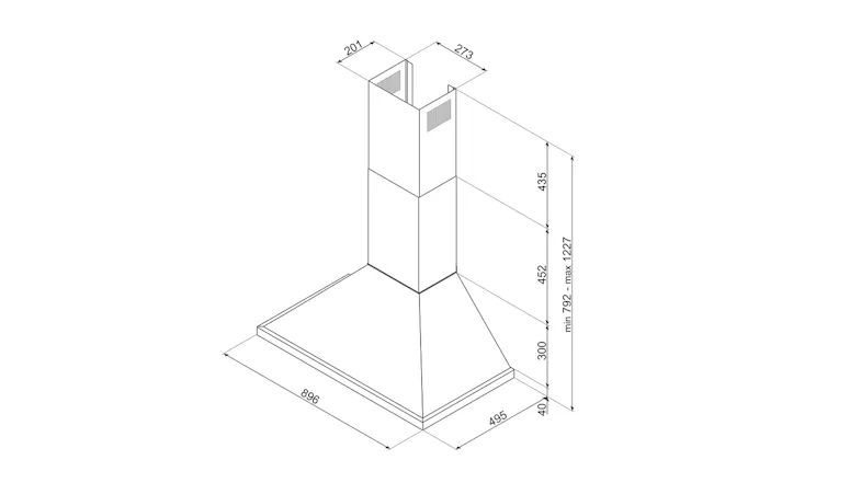 Technical line drawing showing the precise dimensions of the Smeg Portofino wall rangehood Technical line drawing showing the precise dimensions of the Smeg Portofino wall rangehood