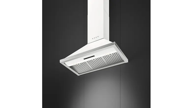 Low-angle view highlighting the baffle filters and underside controls of the Portofino rangehood Low-angle view highlighting the baffle filters and underside controls of the Portofino rangehood