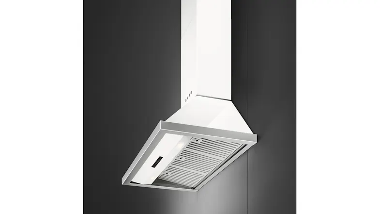 Side dynamic angle showing the underside filters and sleek chimney of the Smeg rangehood Side dynamic angle showing the underside filters and sleek chimney of the Smeg rangehood