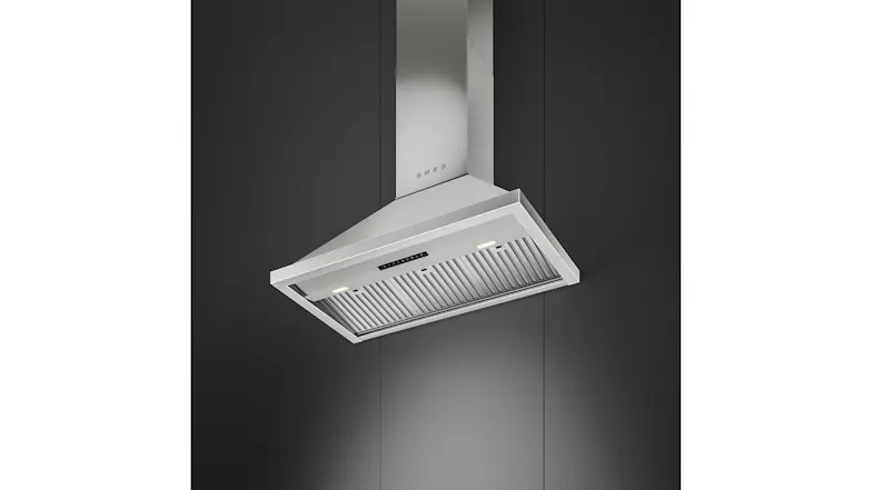 Low-angle view highlighting the baffle filters and underside controls of the Portofino rangehood Low-angle view highlighting the baffle filters and underside controls of the Portofino rangehood