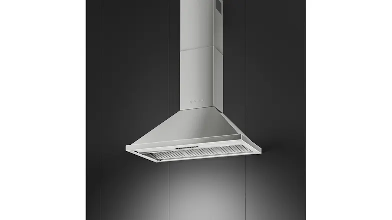 Modern dark kitchen featuring the Smeg Portofino rangehood with its lights activated Modern dark kitchen featuring the Smeg Portofino rangehood with its lights activated