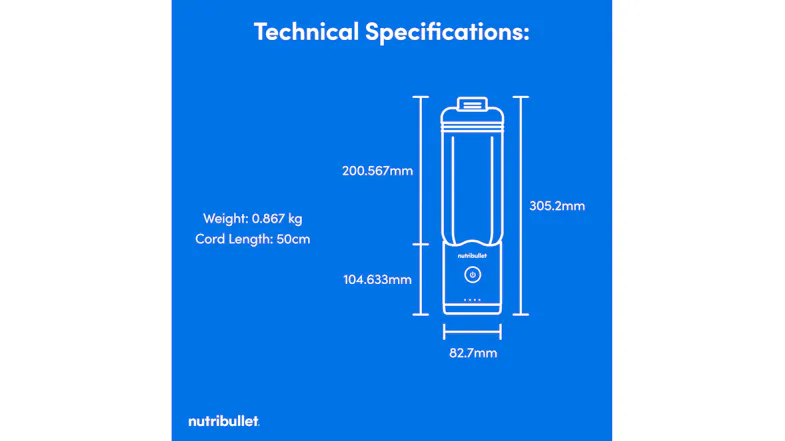 Nutribullet technical specifications chart displaying a blueprint-style line drawing of the blender with physical dimensions Nutribullet technical specifications chart displaying a blueprint-style line drawing of the blender with physical dimensions