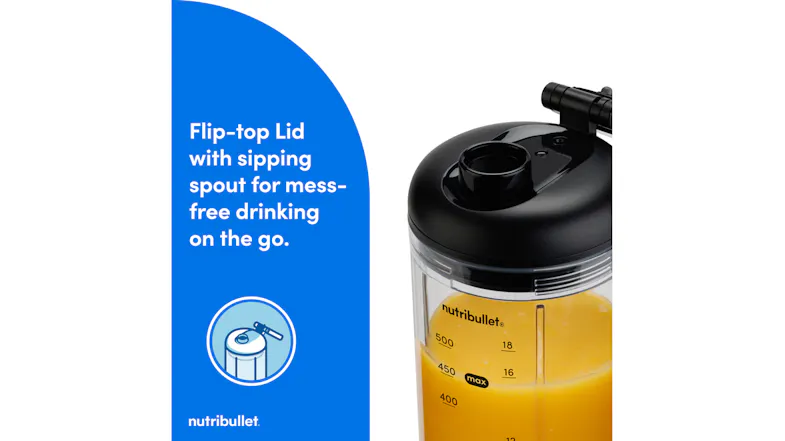 Nutribullet blender cup featuring a black flip-top lid and sipping spout, displayed next to feature callout text Nutribullet blender cup featuring a black flip-top lid and sipping spout, displayed next to feature callout text