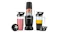Front view of a black NutriBullet personal blender set with smoothie cups, blade attachment and travel lids Front view of a black NutriBullet personal blender set with smoothie cups, blade attachment and travel lids