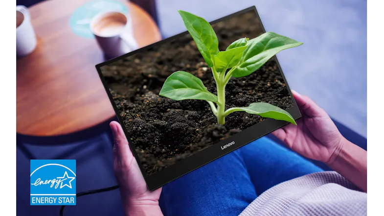 Lenovo portable monitor displaying a plant image, held in both hands, with an Energy Star certification badge Lenovo portable monitor displaying a plant image, held in both hands, with an Energy Star certification badge