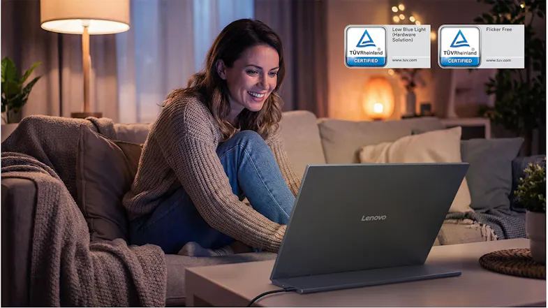Rear view of the Lenovo portable monitor on a coffee table in a living room with TÜV-certified eye care icons Rear view of the Lenovo portable monitor on a coffee table in a living room with TÜV-certified eye care icons