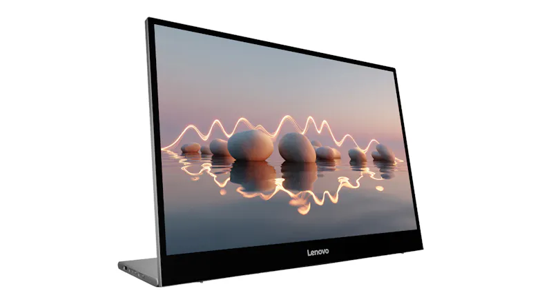 Left angled view of the Lenovo portable monitor with a slim black frame and foldable stand design Left angled view of the Lenovo portable monitor with a slim black frame and foldable stand design