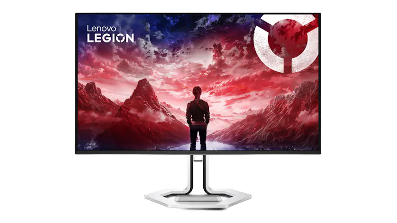 Front view of a black Lenovo Legion 31.5" UHD Gaming Monitor with a white hollow geometric base and thin borders Front view of a black Lenovo Legion 31.5" UHD Gaming Monitor with a white hollow geometric base and thin borders