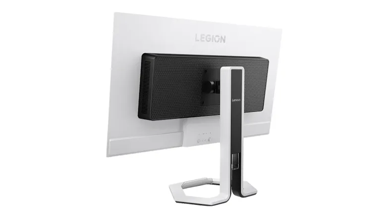 Rear angled view of a white Lenovo Legion gaming monitor with a black central component and a white geometric stand Rear angled view of a white Lenovo Legion gaming monitor with a black central component and a white geometric stand