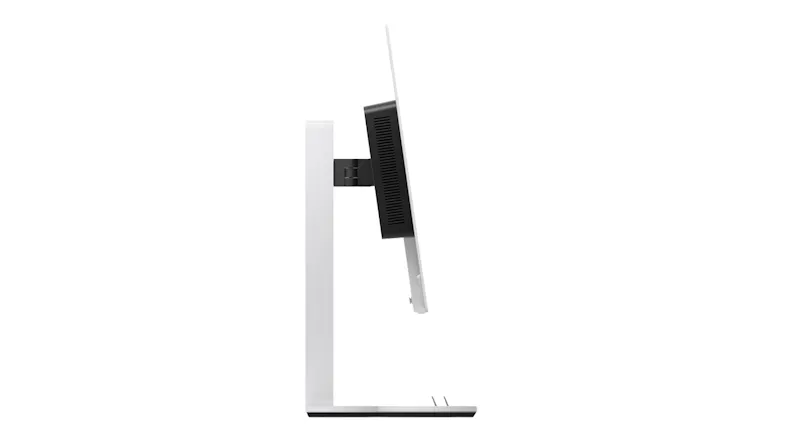 Side view of an ultra-slim white Lenovo monitor with a black rear bump on a white L-shaped stand Side view of an ultra-slim white Lenovo monitor with a black rear bump on a white L-shaped stand