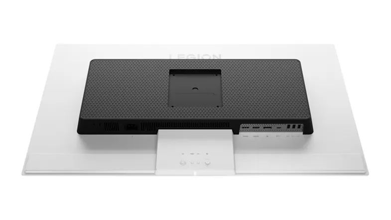 Back view of a white Lenovo Legion gaming monitor lying flat, showcasing its textured black rear panel and connectivity ports Back view of a white Lenovo Legion gaming monitor lying flat, showcasing its textured black rear panel and connectivity ports