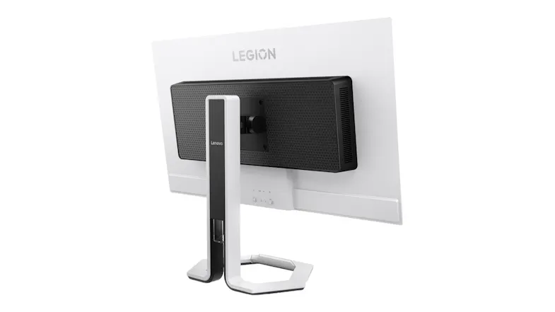 Rear angled view of a white Lenovo gaming monitor featuring a black centre block and a geometric stand Rear angled view of a white Lenovo gaming monitor featuring a black centre block and a geometric stand