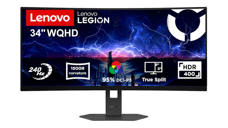Front view of the Lenovo Legion 34-inch curved gaming monitor displaying WQHD, 240Hz, HDR400, and 1500R features Front view of the Lenovo Legion 34-inch curved gaming monitor displaying WQHD, 240Hz, HDR400, and 1500R features