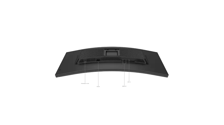 Rear top view of the Lenovo Legion curved monitor showing the ventilation panel, power input, and display ports Rear top view of the Lenovo Legion curved monitor showing the ventilation panel, power input, and display ports