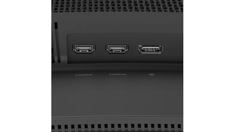 Close-up view of the Lenovo Legion monitor's rear connectivity panel with dual HDMI ports and a DisplayPort input Close-up view of the Lenovo Legion monitor's rear connectivity panel with dual HDMI ports and a DisplayPort input