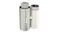 Shark personal cooling fan featuring a white cylinder with an extended mist nozzle beside a white digital unit Shark personal cooling fan featuring a white cylinder with an extended mist nozzle beside a white digital unit