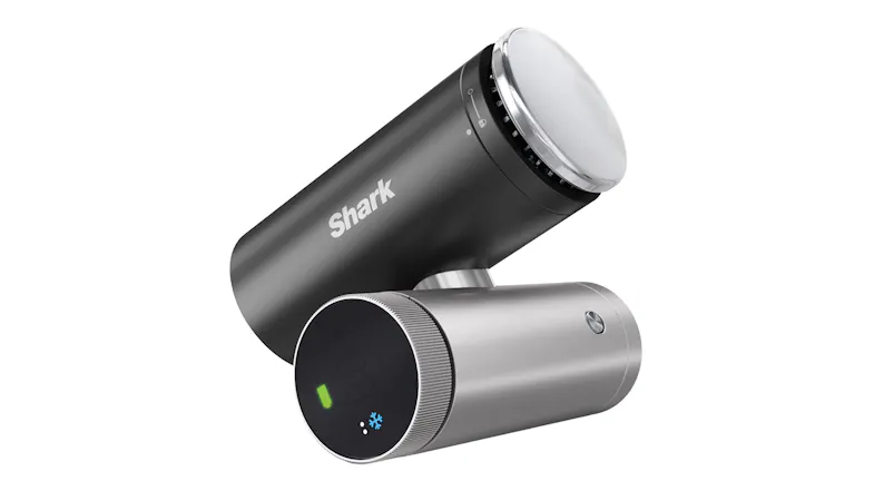 Shark portable cooling device with a flat chrome attachment, silver base dial, digital screen, and snowflake icon Shark portable cooling device with a flat chrome attachment, silver base dial, digital screen, and snowflake icon