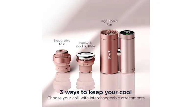 Shark ChillPill 3-in-1 cooling device infographic showing fan, cooling plate, and evaporative mist attachments in rose gold Shark ChillPill 3-in-1 cooling device infographic showing fan, cooling plate, and evaporative mist attachments in rose gold