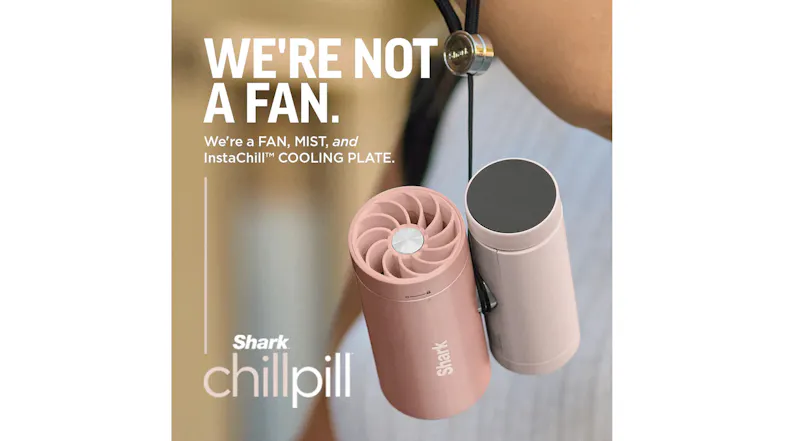 Close-up of a rose gold Shark ChillPill device showing spiral top fan blades and a flat dark grey InstaChill cooling plate Close-up of a rose gold Shark ChillPill device showing spiral top fan blades and a flat dark grey InstaChill cooling plate