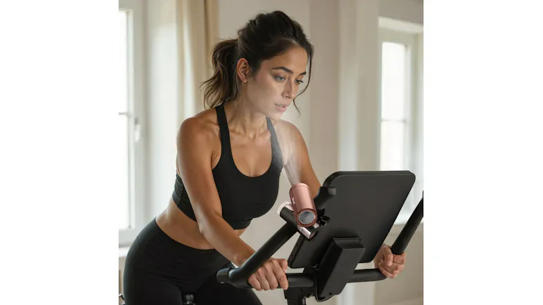 Rose gold Shark ChillPill cooling device mounted on a stationary bike screen, spraying a cool mist toward a cyclist Rose gold Shark ChillPill cooling device mounted on a stationary bike screen, spraying a cool mist toward a cyclist