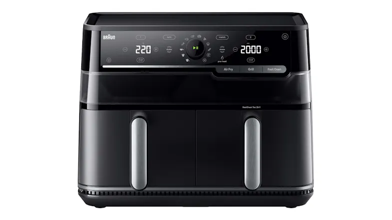 Front view of the Braun TwinCook 5 3-in-1 10L Air Fryer in black with a digital touchscreen and silver handles Front view of the Braun TwinCook 5 3-in-1 10L Air Fryer in black with a digital touchscreen and silver handles
