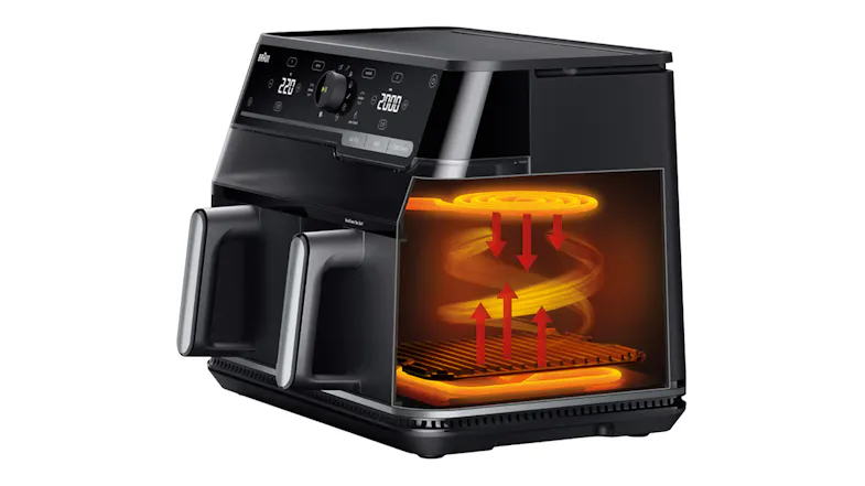 Front angled view of a Braun black dual-drawer air fryer with a cutaway chamber and airflow circulation graphic Front angled view of a Braun black dual-drawer air fryer with a cutaway chamber and airflow circulation graphic