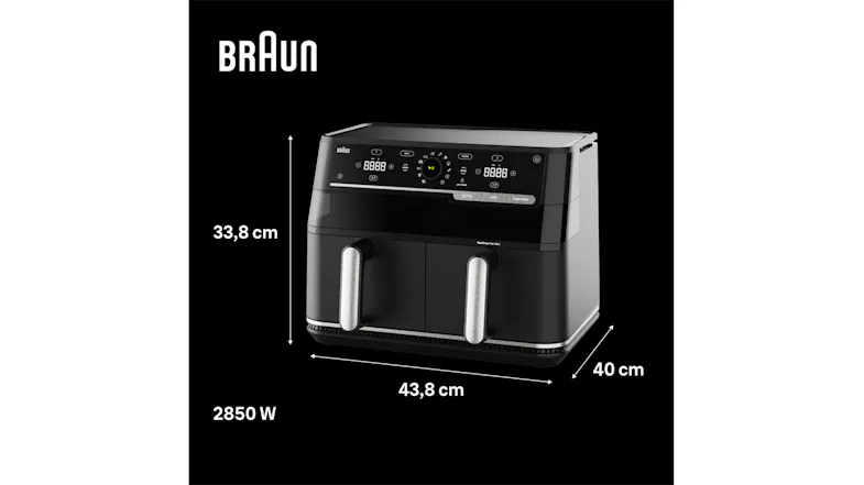Front view of a Braun black dual-zone air fryer with dimensions, dual drawers, and a 2850W power rating Front view of a Braun black dual-zone air fryer with dimensions, dual drawers, and a 2850W power rating