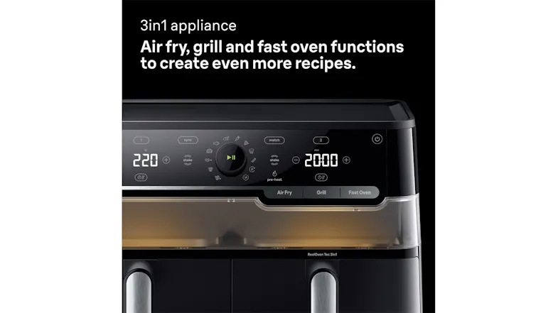 Close-up front view of the Braun 3-in-1 black air fryer control panel with Air Fry, Grill, and Fast Oven modes Close-up front view of the Braun 3-in-1 black air fryer control panel with Air Fry, Grill, and Fast Oven modes