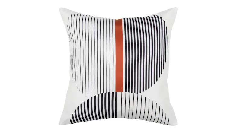 Sevilla Outdoor Cushion in Terracotta with a white, black-striped, modern geometric design Sevilla Outdoor Cushion in Terracotta with a white, black-striped, modern geometric design