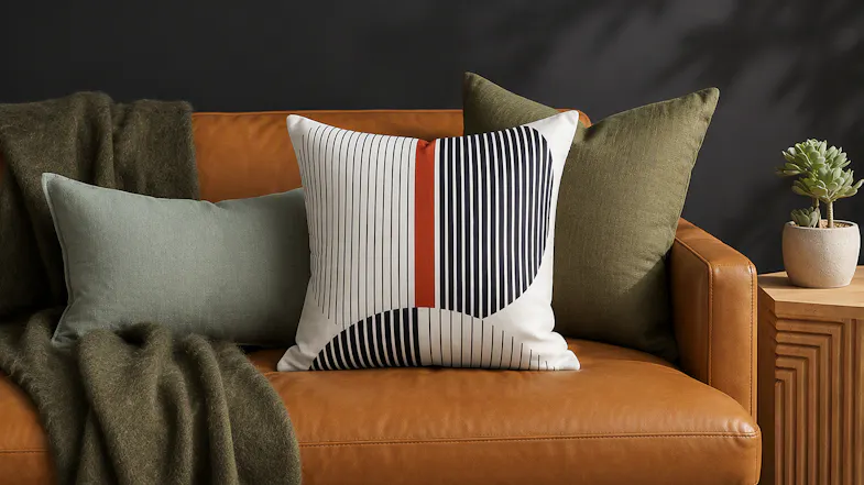 Sevilla 50x50cm Terracotta cushion displayed on a couch in a modern indoor or patio living setup Sevilla 50x50cm Terracotta cushion displayed on a couch in a modern indoor or patio living setup
