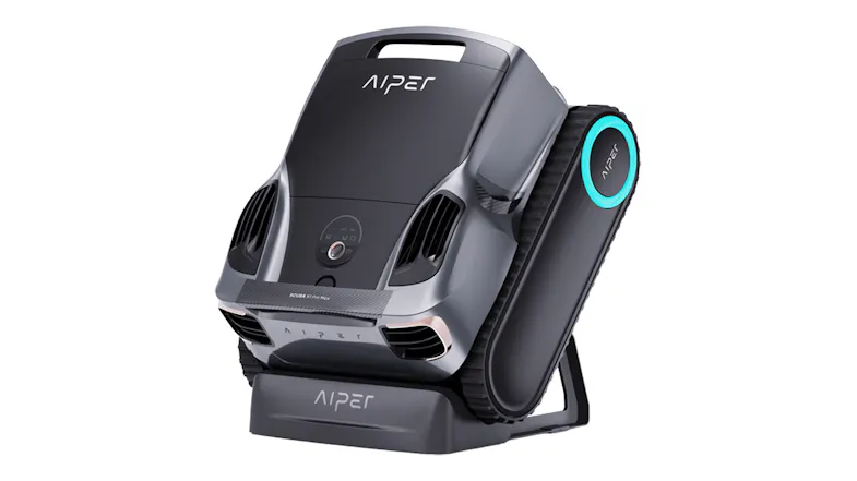 Aiper Scuba X1 Pro Max robotic pool cleaner positioned upright on a display stand Aiper Scuba X1 Pro Max robotic pool cleaner positioned upright on a display stand
