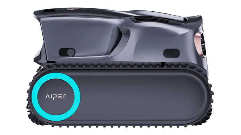Left side profile of the robotic pool cleaner, showcasing the continuous rubber track and low-profile body Left side profile of the robotic pool cleaner, showcasing the continuous rubber track and low-profile body