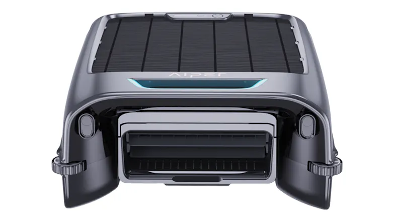 Front view of the robotic pool cleaner, highlighting the intake opening and low-profile floating design Front view of the robotic pool cleaner, highlighting the intake opening and low-profile floating design
