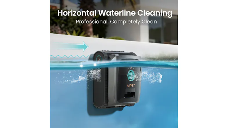 Feature graphic showing the Aiper Scuba S3 operating underwater with labelled waterline-cleaning technology Feature graphic showing the Aiper Scuba S3 operating underwater with labelled waterline-cleaning technology