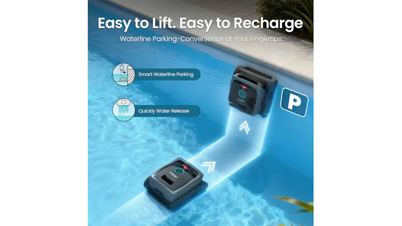 Robotic pool cleaner operating near the pool wall, highlighting easy-lift retrieval Robotic pool cleaner operating near the pool wall, highlighting easy-lift retrieval
