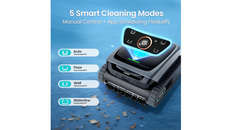 Product feature graphic presenting five cleaning modes on the Aiper Scuba S3 Product feature graphic presenting five cleaning modes on the Aiper Scuba S3