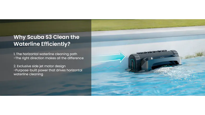 Aiper Scuba S3 cleaning along the pool waterline, with callouts explaining efficient edge cleaning Aiper Scuba S3 cleaning along the pool waterline, with callouts explaining efficient edge cleaning