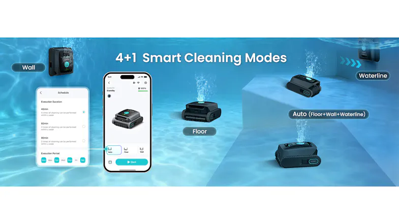 Smart cleaning modes feature graphic with smartphone app control, showing multiple cleaning options Smart cleaning modes feature graphic with smartphone app control, showing multiple cleaning options