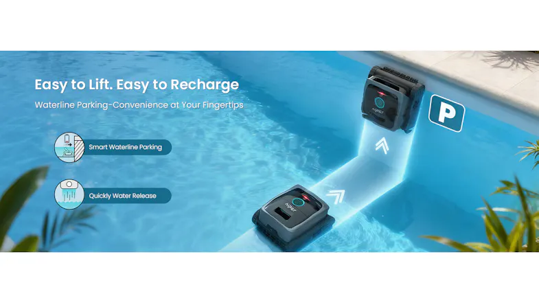 Robotic pool cleaner operating near the pool wall, highlighting easy-lift retrieval Robotic pool cleaner operating near the pool wall, highlighting easy-lift retrieval