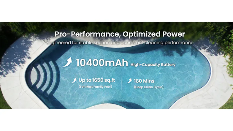 Feature infographic highlighting the high-capacity battery and energy-efficient performance of the Aiper Scuba S3 Feature infographic highlighting the high-capacity battery and energy-efficient performance of the Aiper Scuba S3