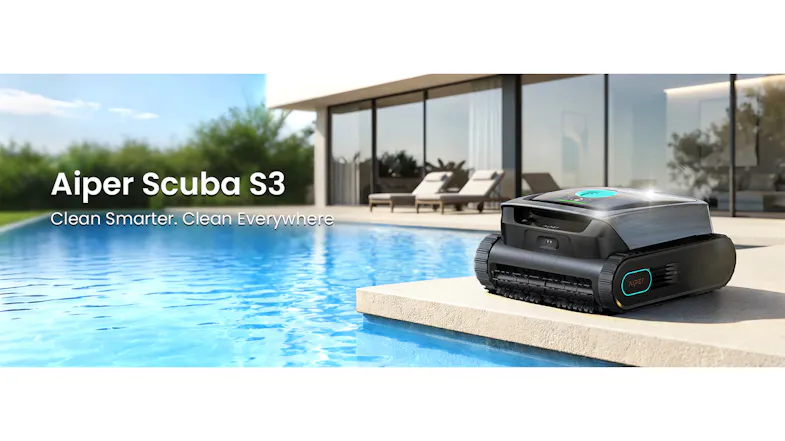 Aiper Scuba S3 robotic pool cleaner positioned beside a modern swimming pool, showcasing the sleek black design Aiper Scuba S3 robotic pool cleaner positioned beside a modern swimming pool, showcasing the sleek black design