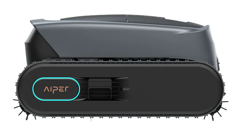 Right side profile of the robotic pool cleaner, highlighting the tracked mobility system and low-profile shape Right side profile of the robotic pool cleaner, highlighting the tracked mobility system and low-profile shape
